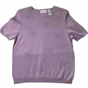 ALFRED DUNNER Women’s Lilac Flower Embroidered Short Sleeve Sweater Beaded Small